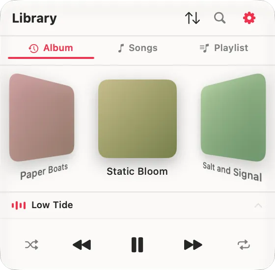 Toggle Music showing album artwork in a 3D Cover Flow carousel