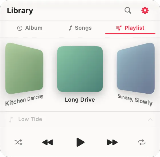 Toggle Music showing the playlist list, with pinned playlists at the top