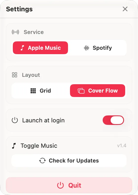 Toggle Music settings panel with service, layout and launch-at-login options