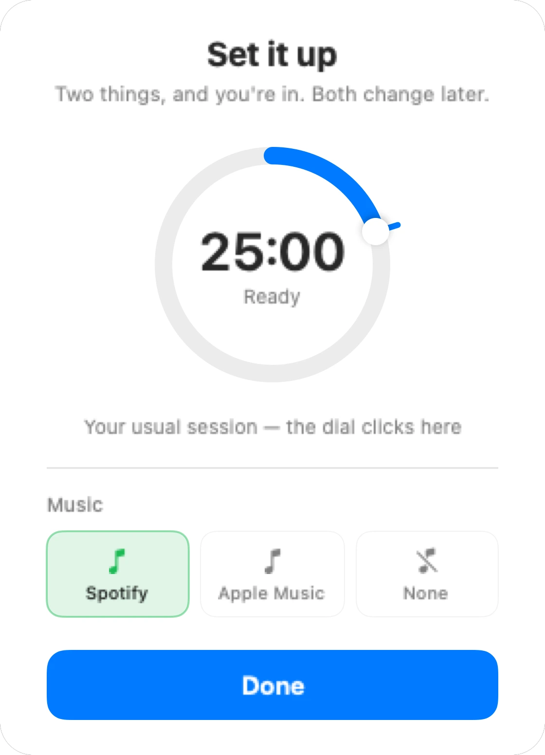 The Timse setup screen: the dial for the default session, and the choice between Spotify, Apple Music or no player