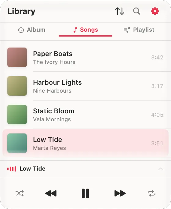 Toggle Music showing the Songs tab, with the whole library as one list